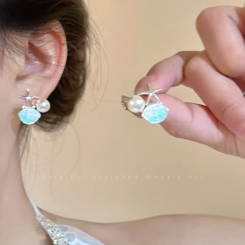 Stud Pearl Starfish Earring Faux Rhinestone Alloy