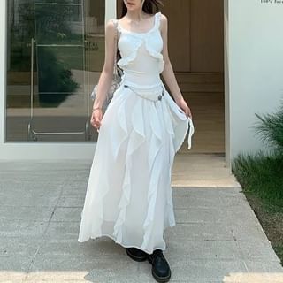 Slim Midi / Waist A-Line Tank Elastic Top Asymmetrical Trim Skirt Fit Plain Ruffle