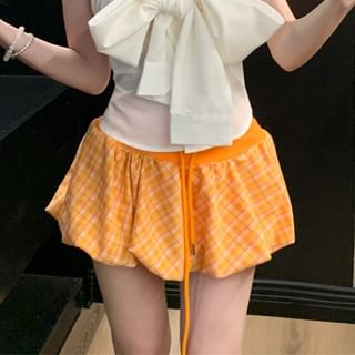 Skirt Waist / Plain Balloon A-Line Mini Tube Bow Drawstring Top Plaid