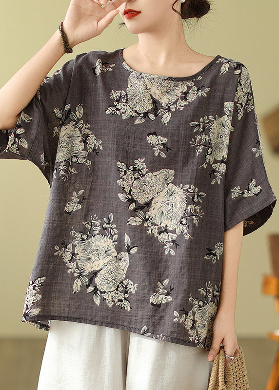 O-Neck Sleeve Short T Loose Shirt Grey Print