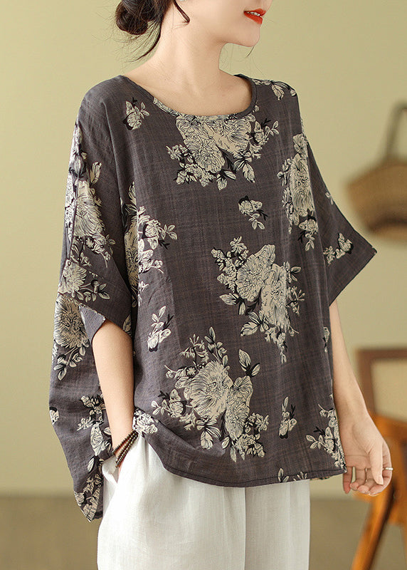 O-Neck Sleeve Short T Loose Shirt Grey Print