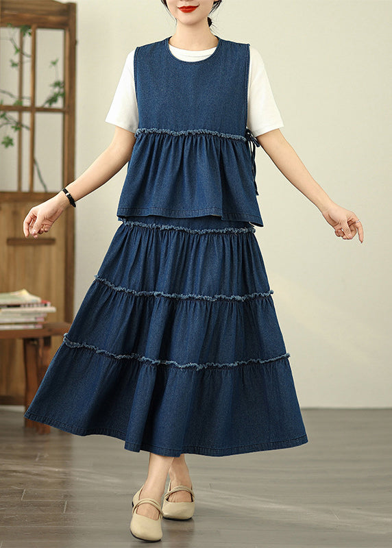 Loose Two Ruffled Sleeveless Top Skirts Denim Piece Navy And Patchwork Set Maxi