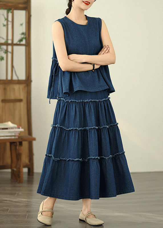 Loose Two Ruffled Sleeveless Top Skirts Denim Piece Navy And Patchwork Set Maxi