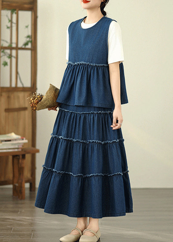 Loose Two Ruffled Sleeveless Top Skirts Denim Piece Navy And Patchwork Set Maxi