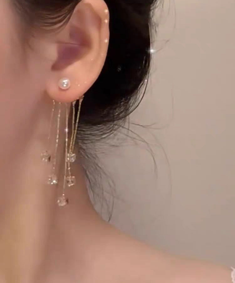 Earrings New Gold Copper Drop Pearl Tassel Zircon Alloy