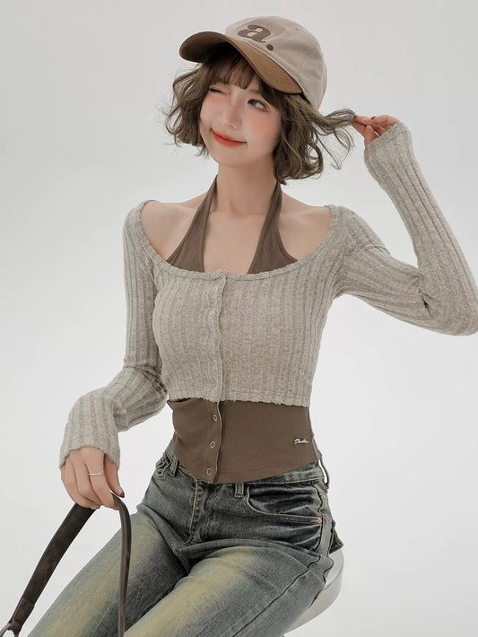 Neck Retro Piece Faux Slim Top Two American Halter