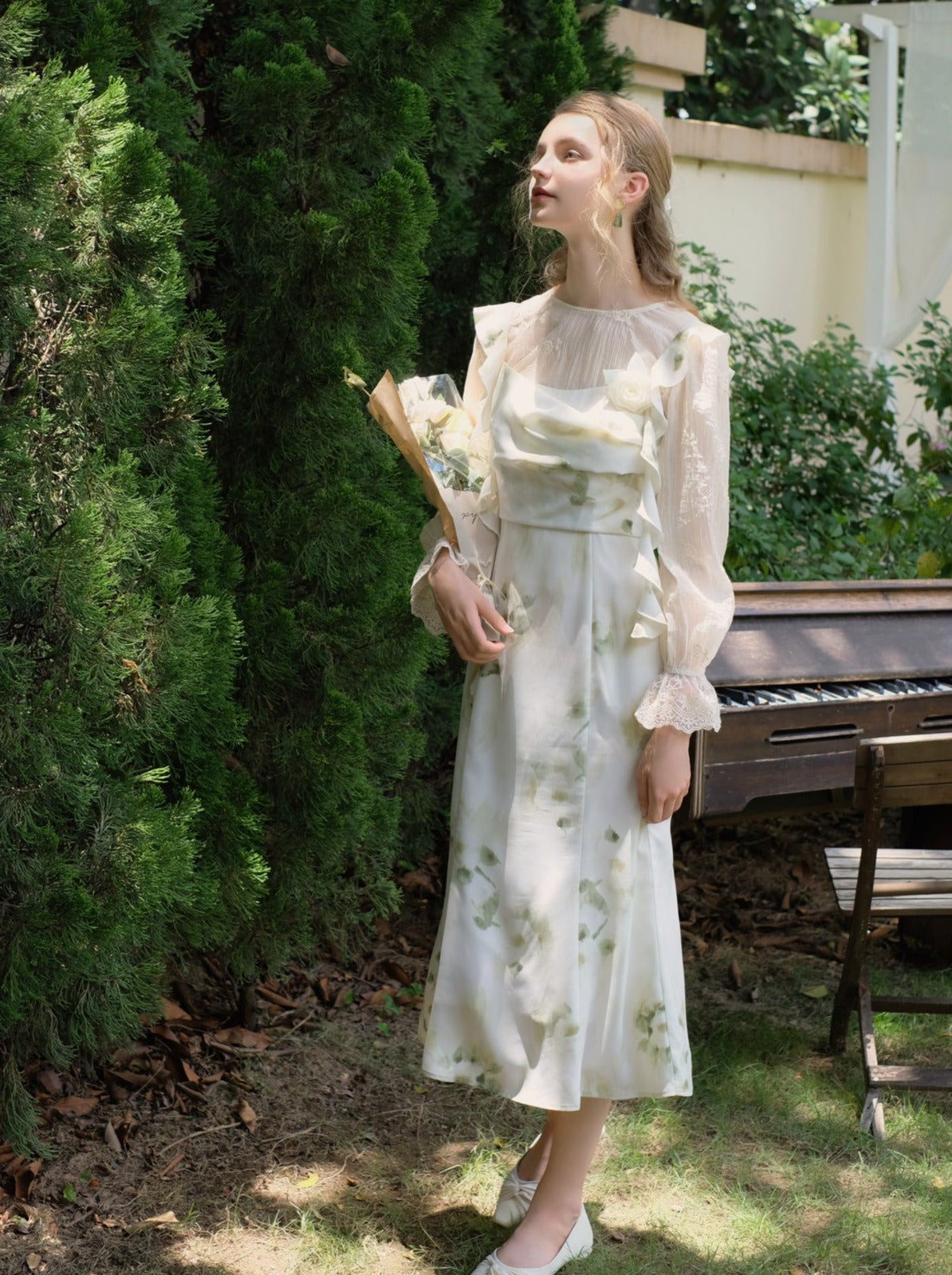 Skirt Top Green Camisole Flower Sheer + Chiffon