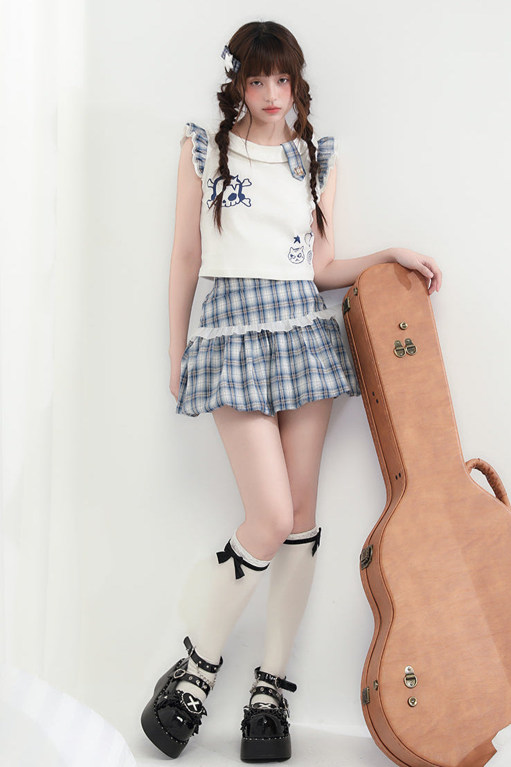 Miniskirt + Skull Checked Cat Top Sleeveless