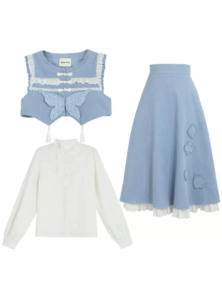 Gilet bleu forêt jupe papillon à volants chemise bleu Chine