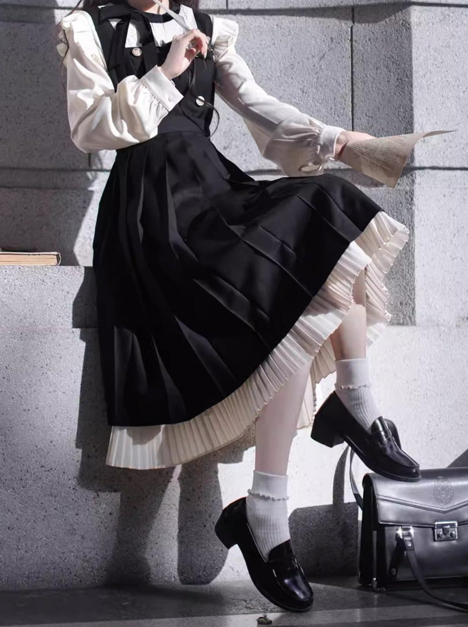 Pleated Ruffle Ribbon College Dress Shirt Accessories Retro Suspender + Elegant Layered Shoulder + Lace
