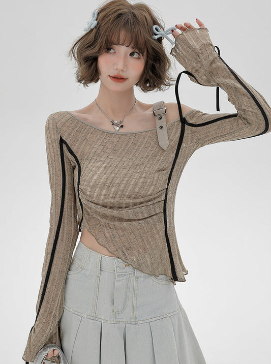 Irregular One-shoulder Top Sheer Slim American