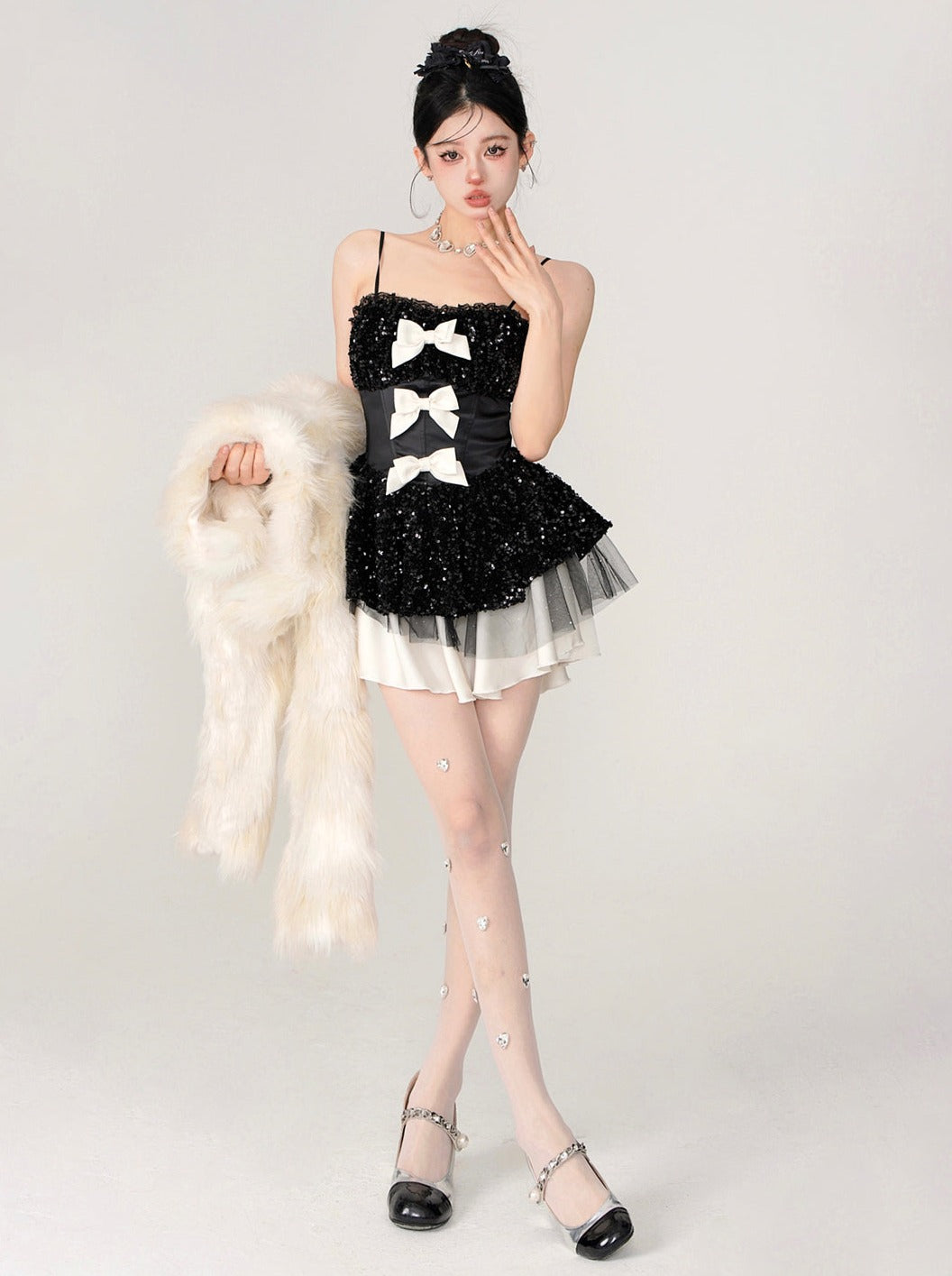 Sequined Flare Triple-ribbon Camisole Dress