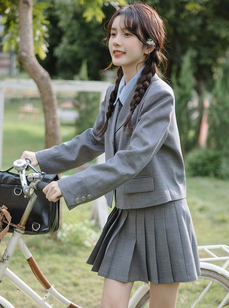 College + Style Pleated Skirt Tie Blouse Blazer