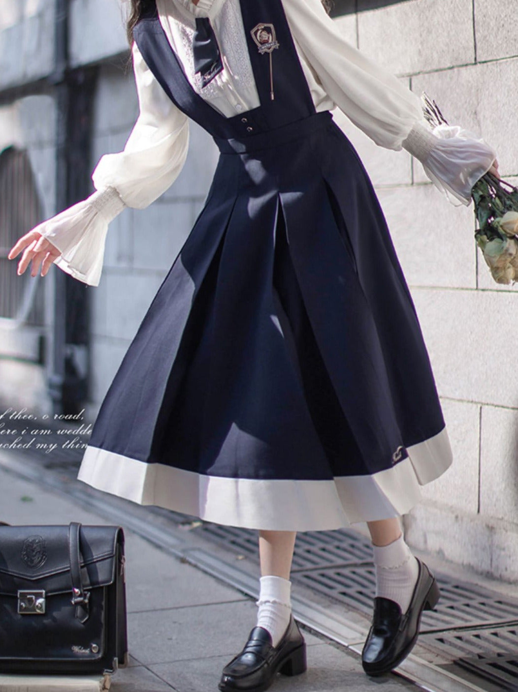 Dress Emblem + Tie + Blouse + Ruffle Retro College Beret Cyan Style Elegant Chiffon