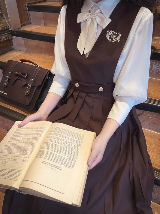 シフォンスカートスタイル リボンインナーアクセサリー Vネック クリームシャツ カレッジベスト