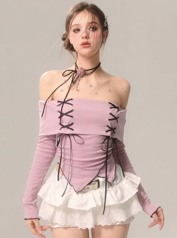 Strap Top Ribbon Off-the-shoulder Ruffle High-end