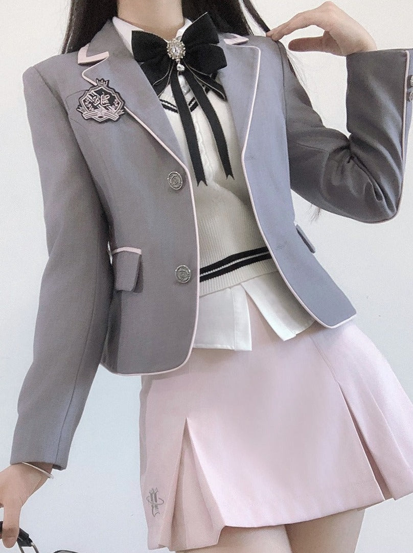 Veste Collège Gilet + Jupe Chemise Box + Slim Plissé Fille Doux Style Ruban