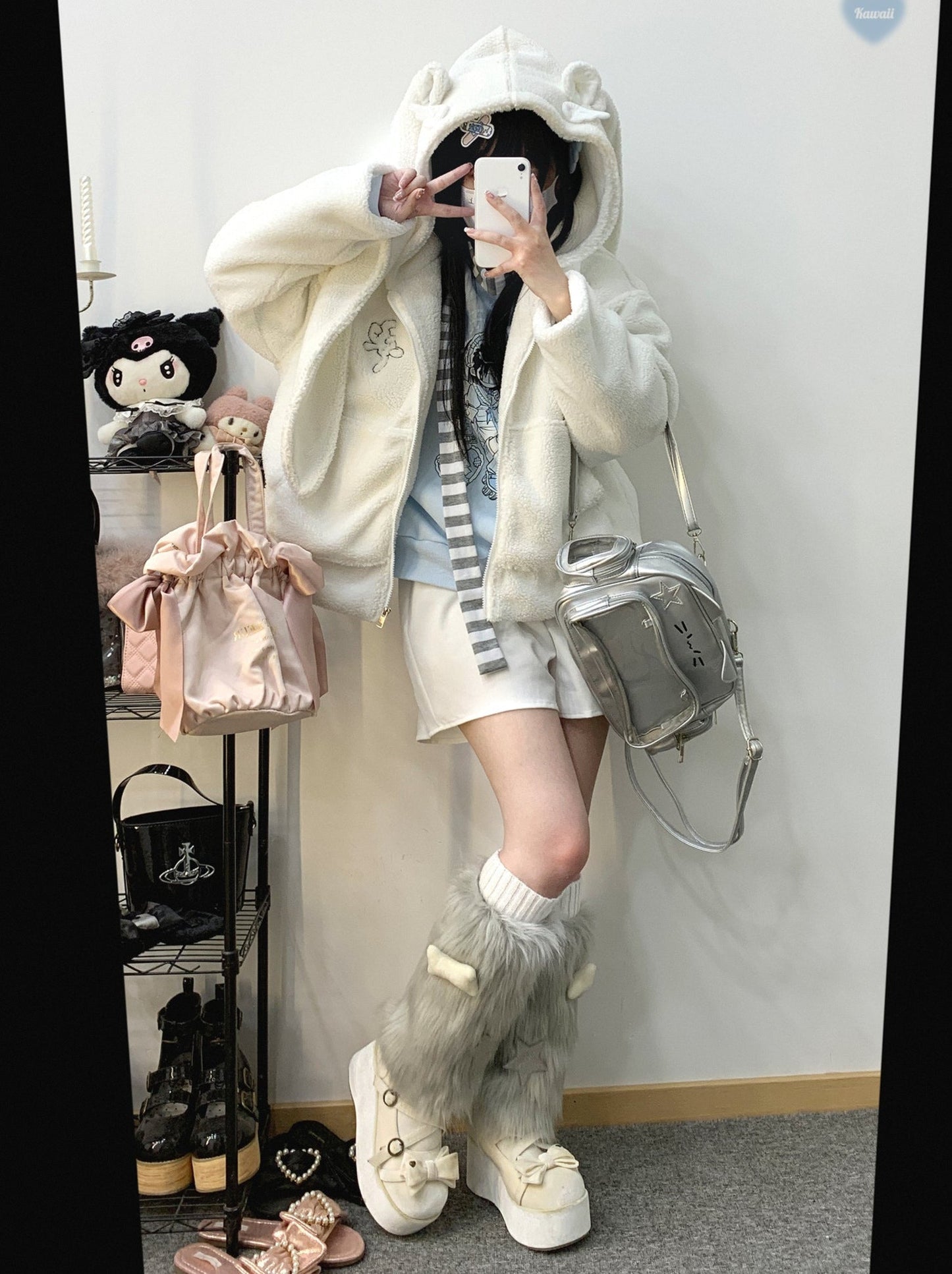 Veste zippée en peluche à oreilles de lapin gourmandes courtes/longues