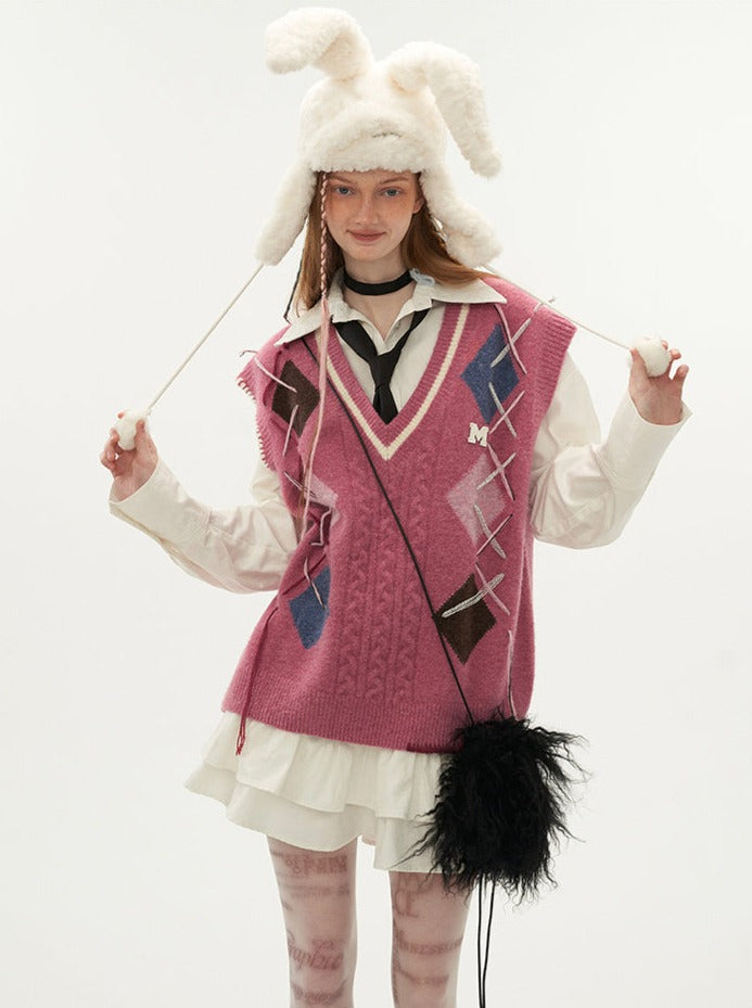 Gilet à lacets en maille argyle
