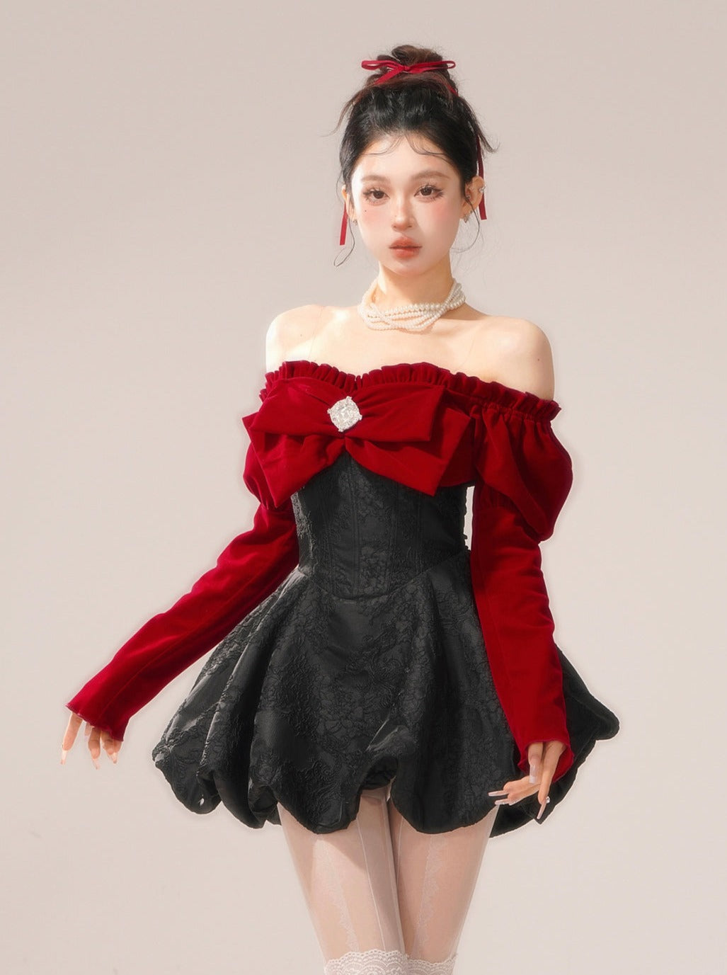 Center Jewel Big Bow Off-the-shoulder Dress