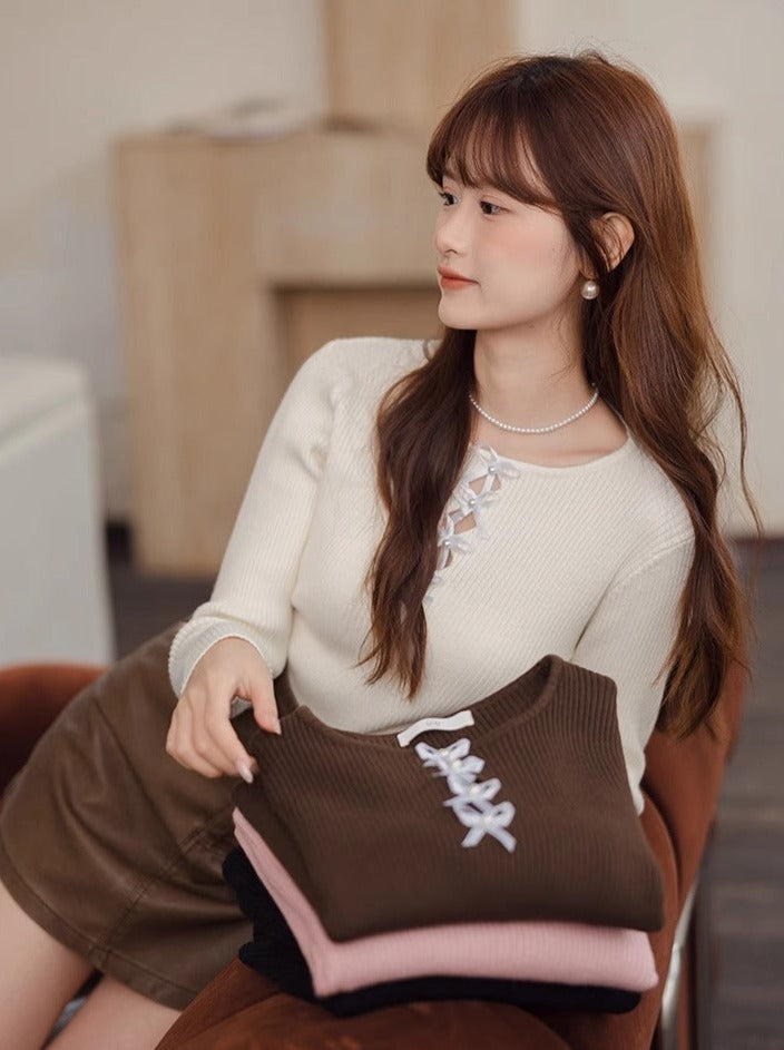 Wool Neck Round Loose Slim Top Design Ribbon