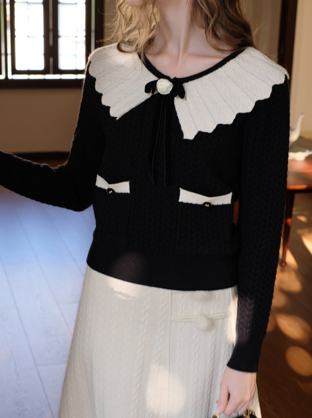 Sweater Block Web Ribbon Retro Lapel French Color Cardigan