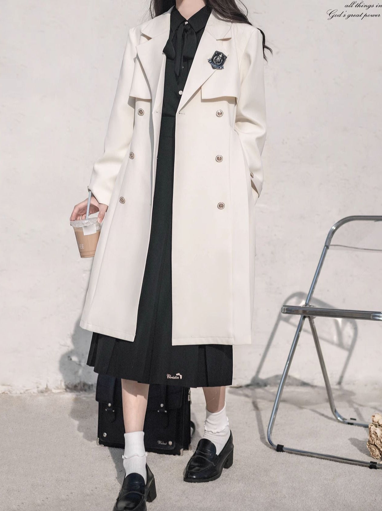 Jupe + Trench Badge Collège Chemise Abricot Manteau Plissé Brodé Métal Ruban Noir