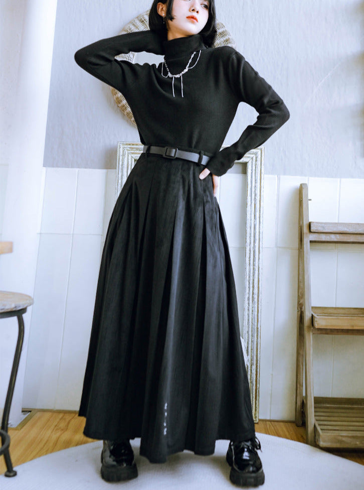 刺繍ベルベットブラックプリーツスカート