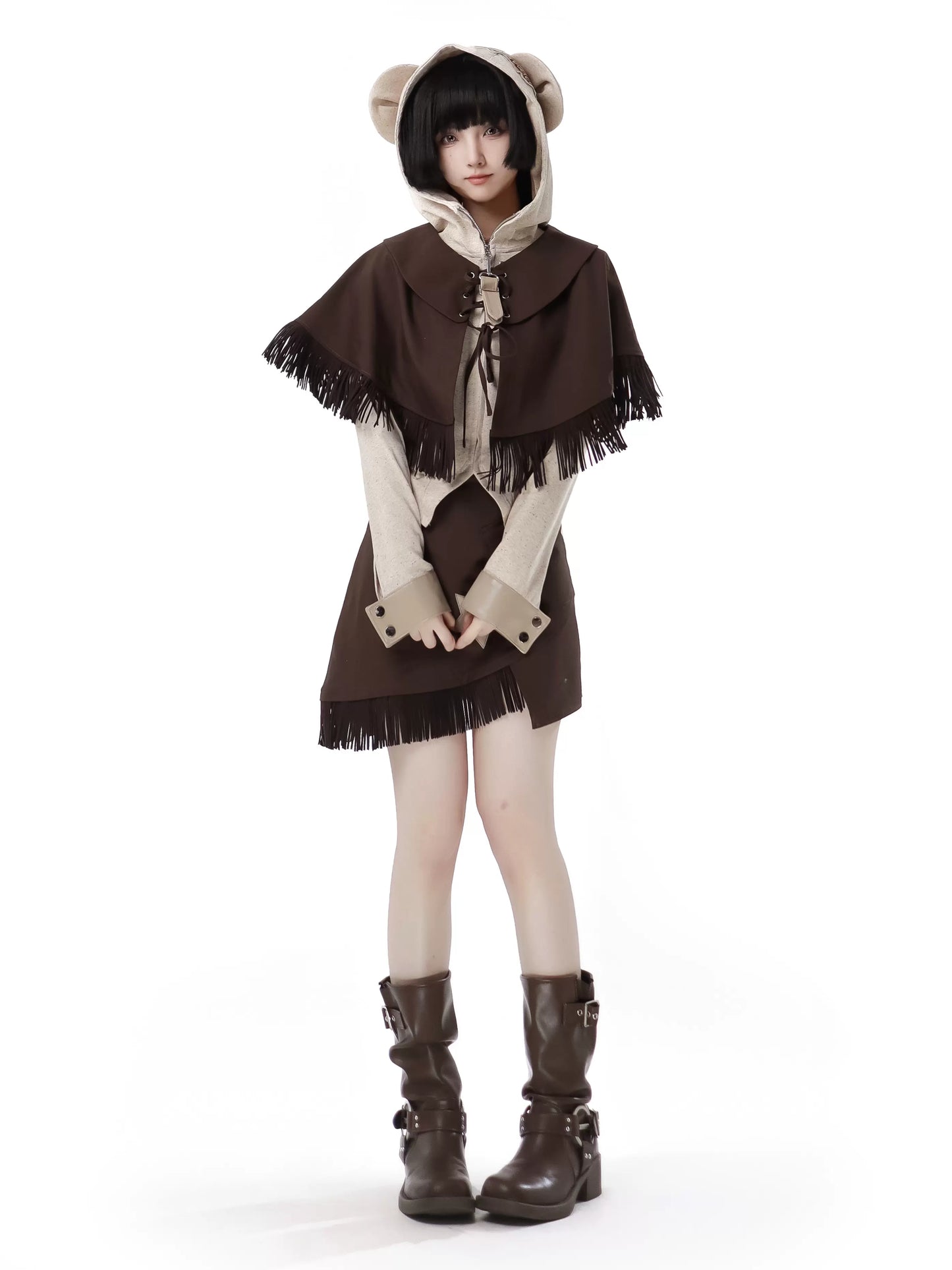 Design Split Wonder Bear Knit Top Shawl Maillard
