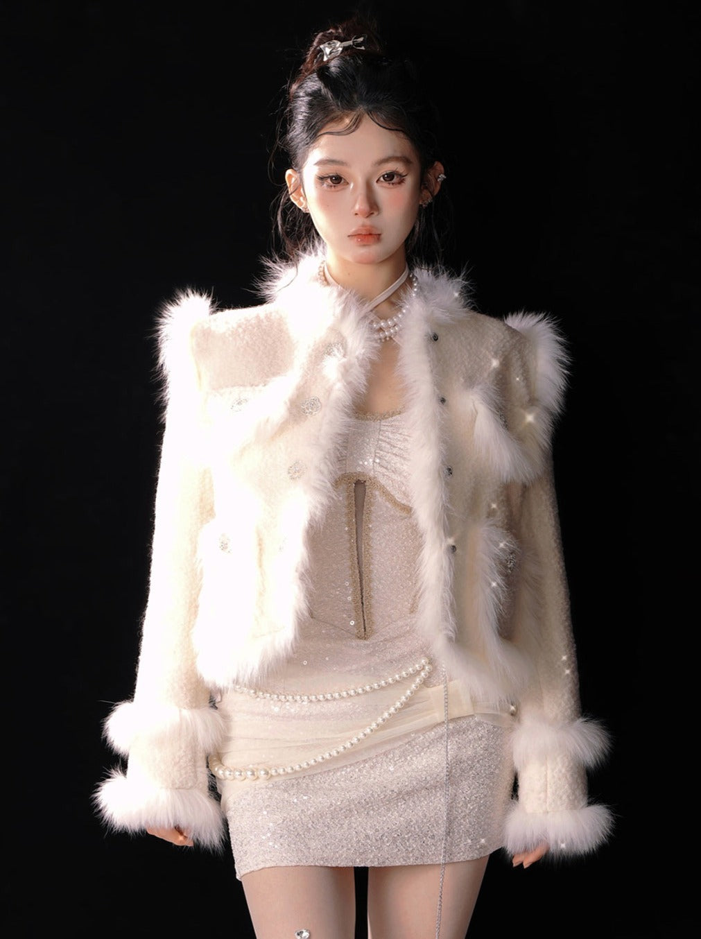Veste en tweed renard thé abricot fourrure douce neige