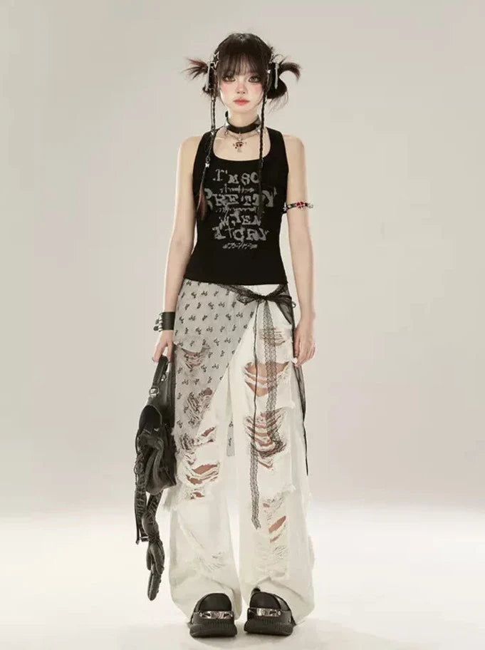 Tank Letter Black Top American Design Print