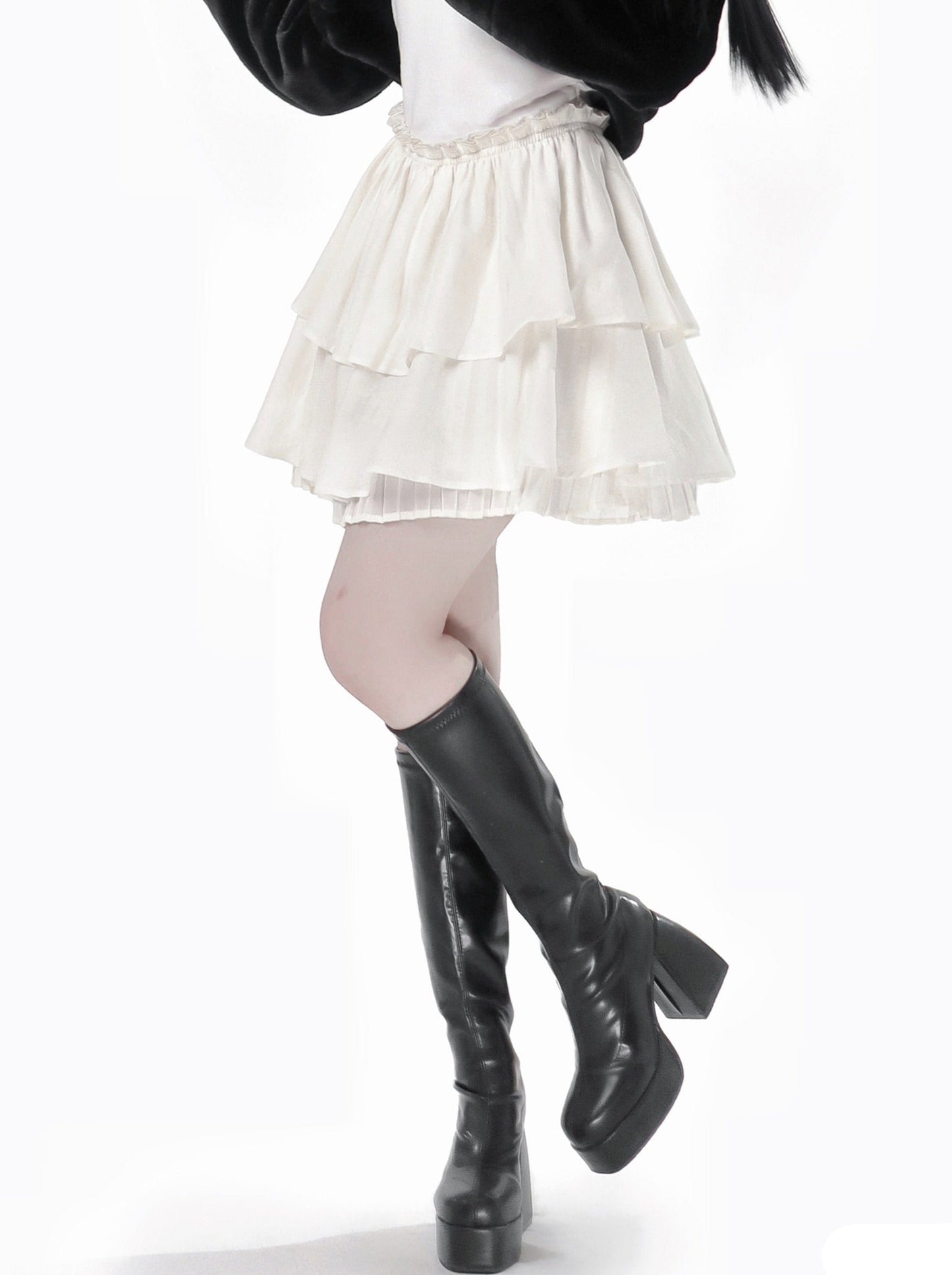 チャイナホイト ブラックニット スプリングウエスト フリル トゥルドレス