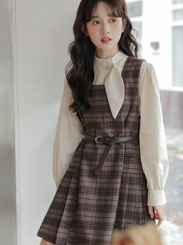 Checked Skirt Ribbon Shirt + Suspender