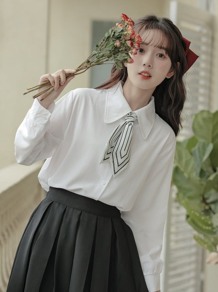 Scarf + Lapel Long Shirt Skirt Pleated