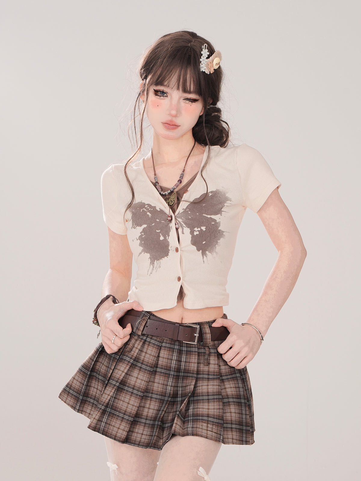 Two Piece Print Top Faux Butterfly Short V-Neck