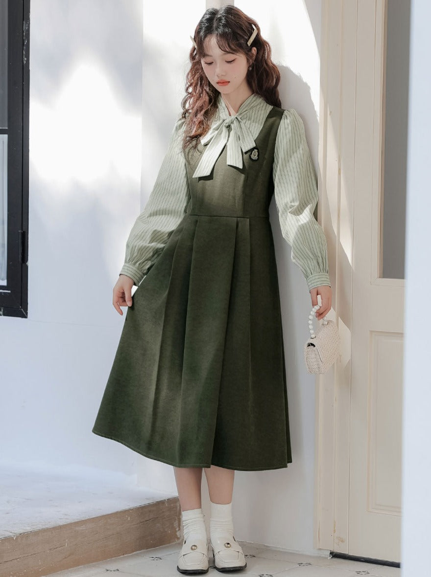 Striped Style Dress Splicing Faux College