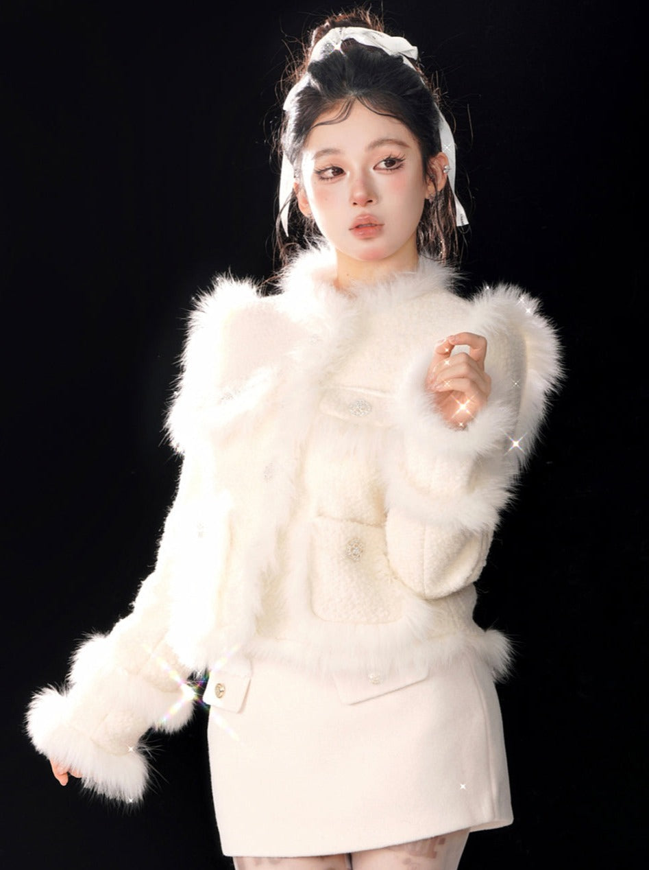 Veste en tweed renard thé abricot fourrure douce neige