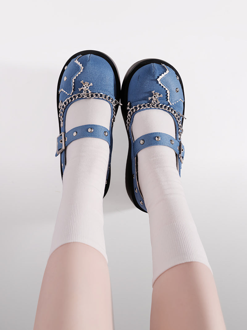 Buckle Star Toe Platform Denim One Punk Round Shoes