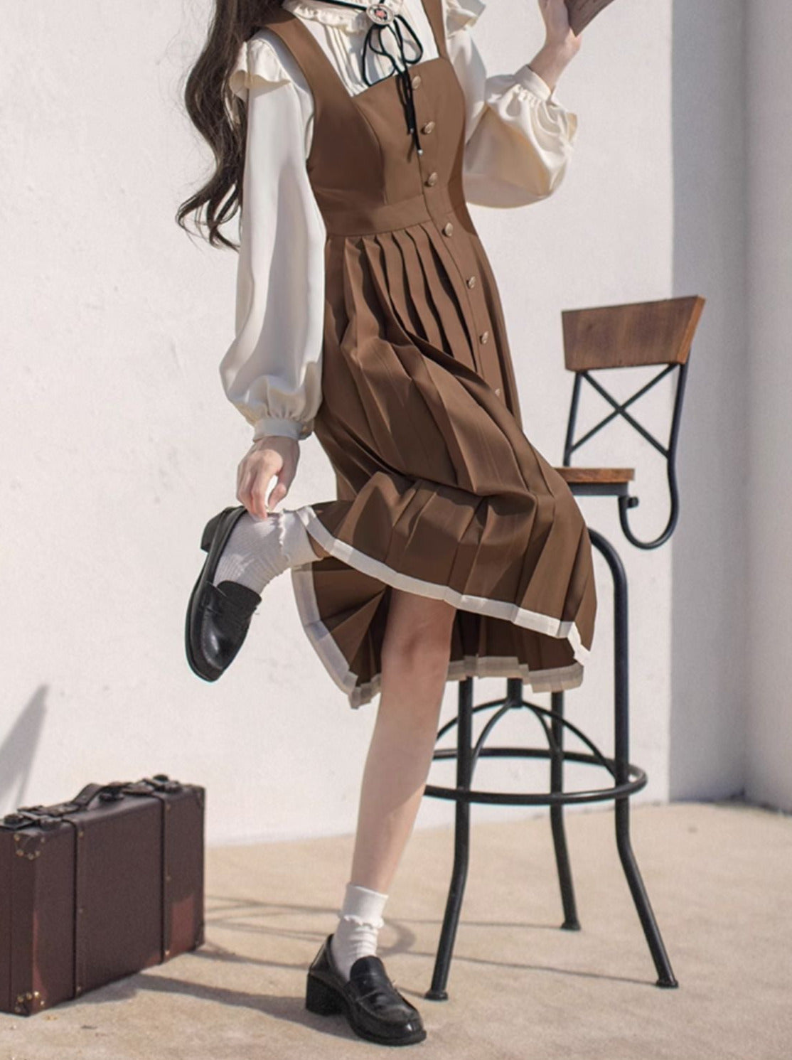 College Dress Shirt Pleated Suspender + Retro Ribbon Accessories Stand Ruffle Collar