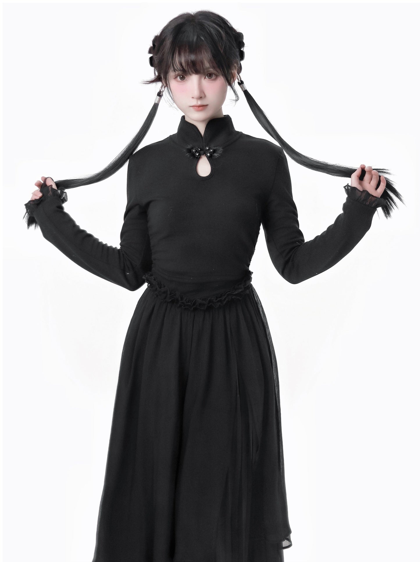 チャイナホイト ブラックニット スプリングウエスト フリル トゥルドレス