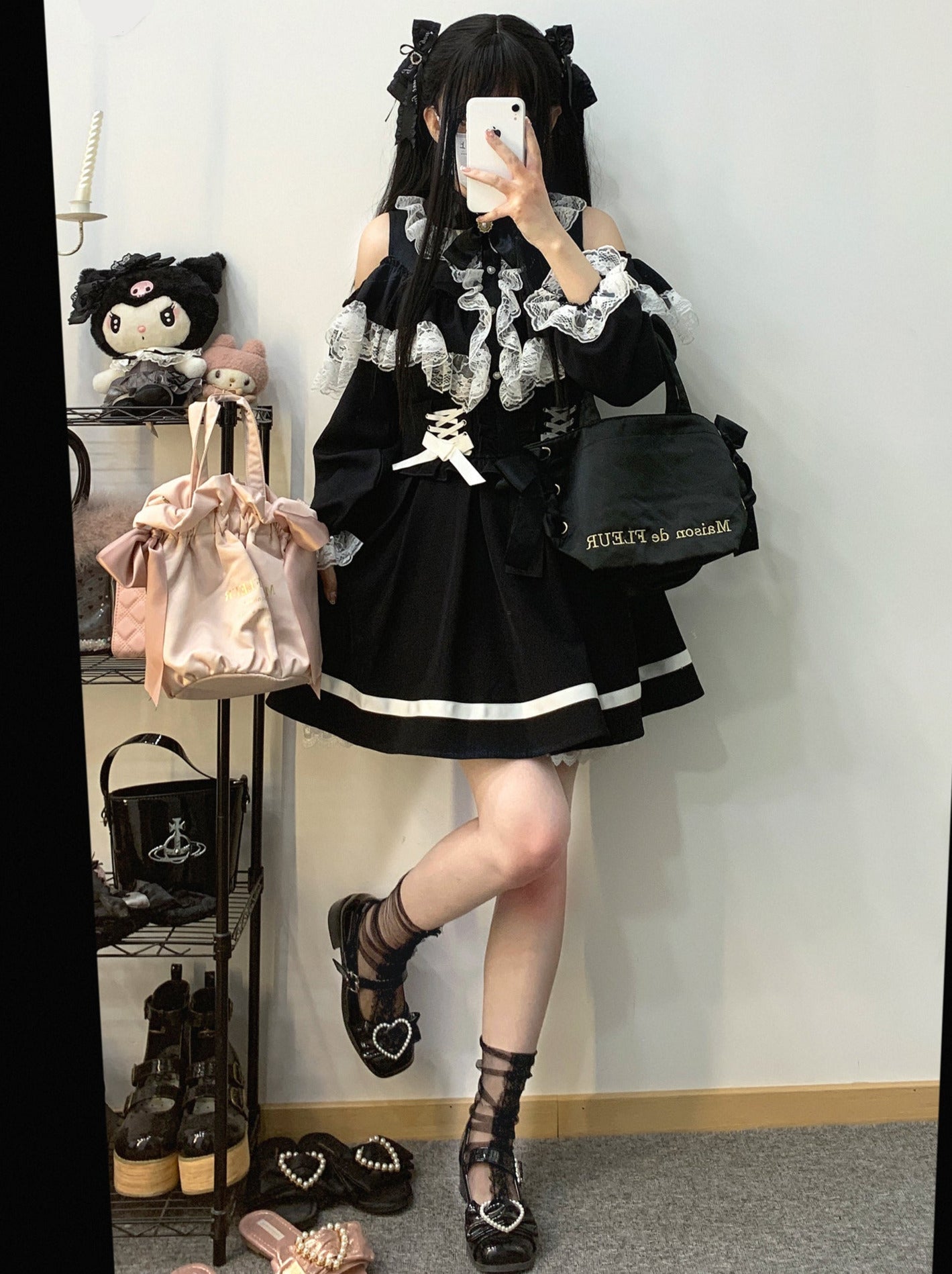 リボンレースオフショルダーシャツ