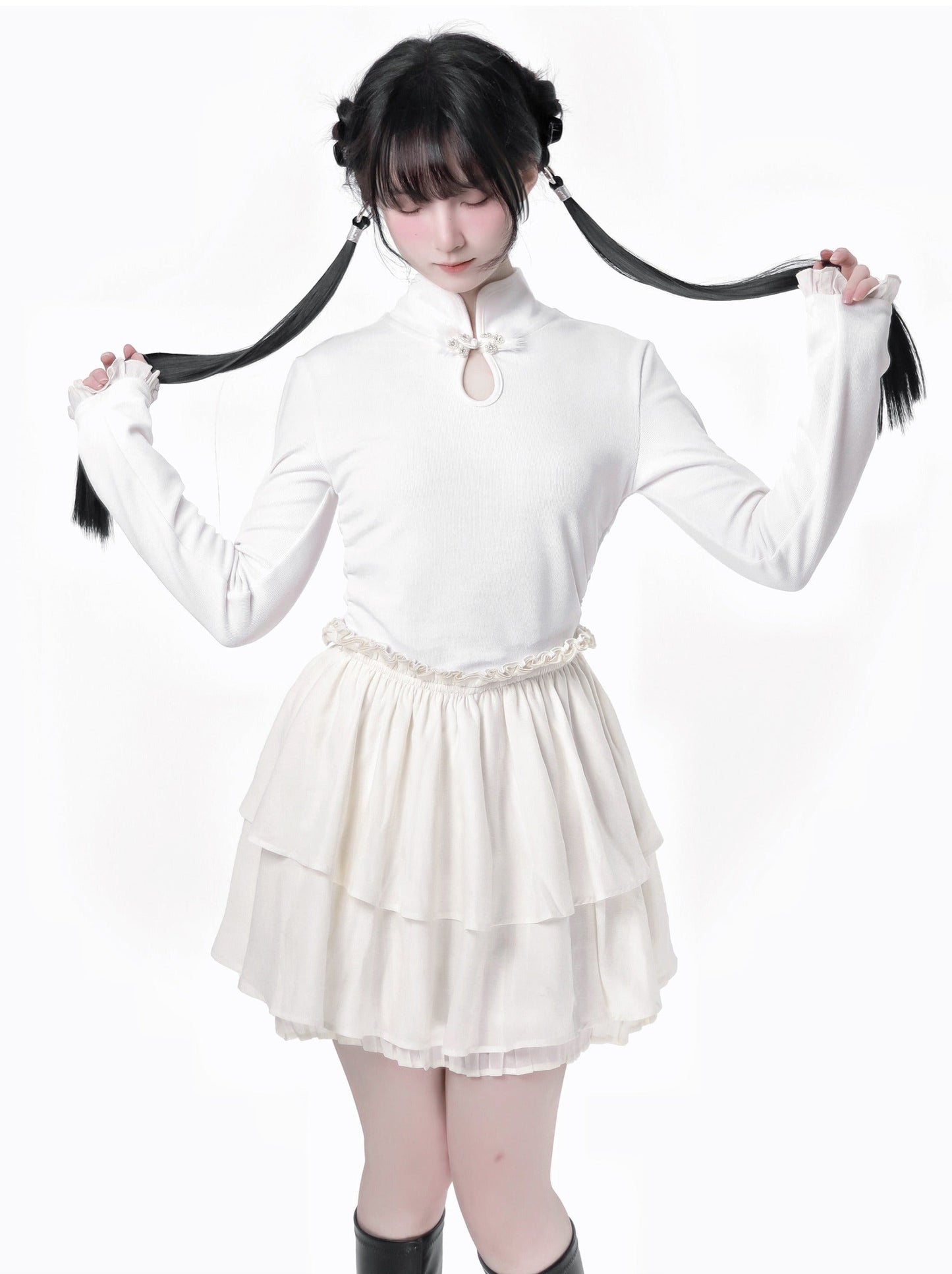 チャイナホイト ブラックニット スプリングウエスト フリル トゥルドレス