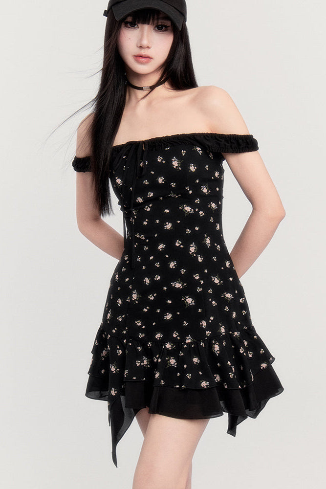 Off-Shoulder French Letter Dress Flower Love