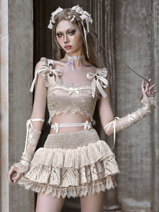 Gilet court en dentelle et ruban français cassé, style ballet ultra