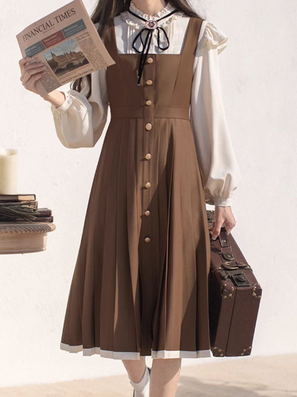 College Dress Shirt Pleated Suspender + Retro Ribbon Accessories Stand Ruffle Collar