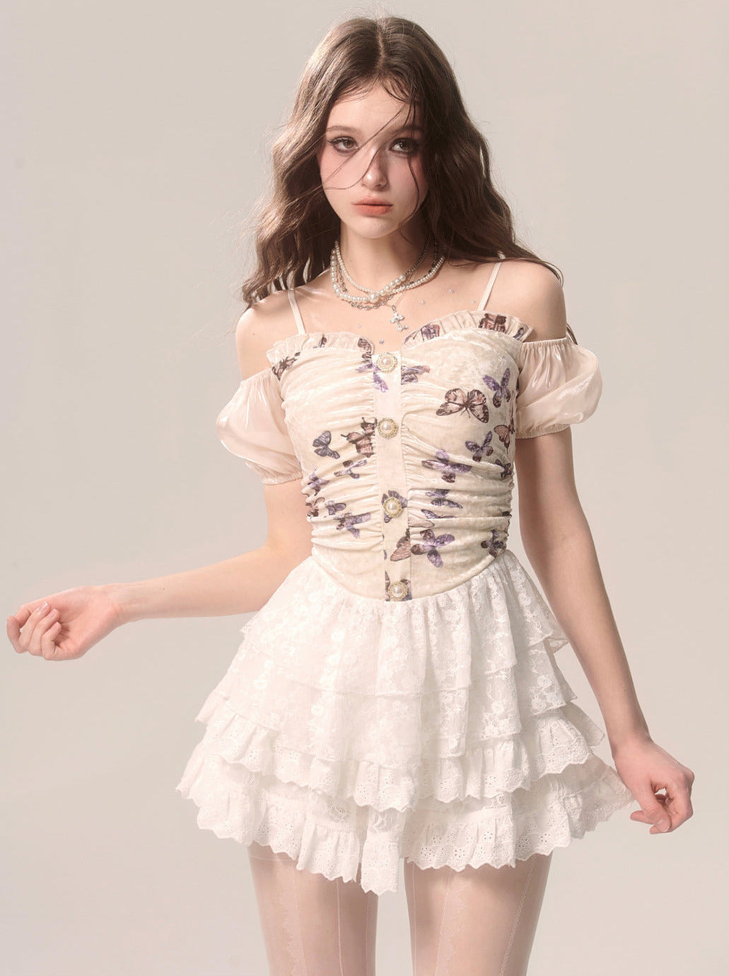 Suspender Off-the-shoulder Cake Velvet Ballet Butterfly Lace Style French Top + White Skirt