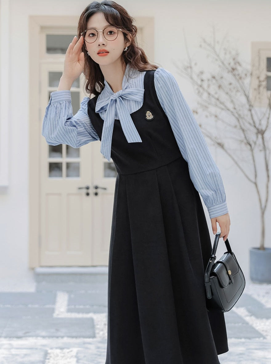 Striped Style Dress Splicing Faux College
