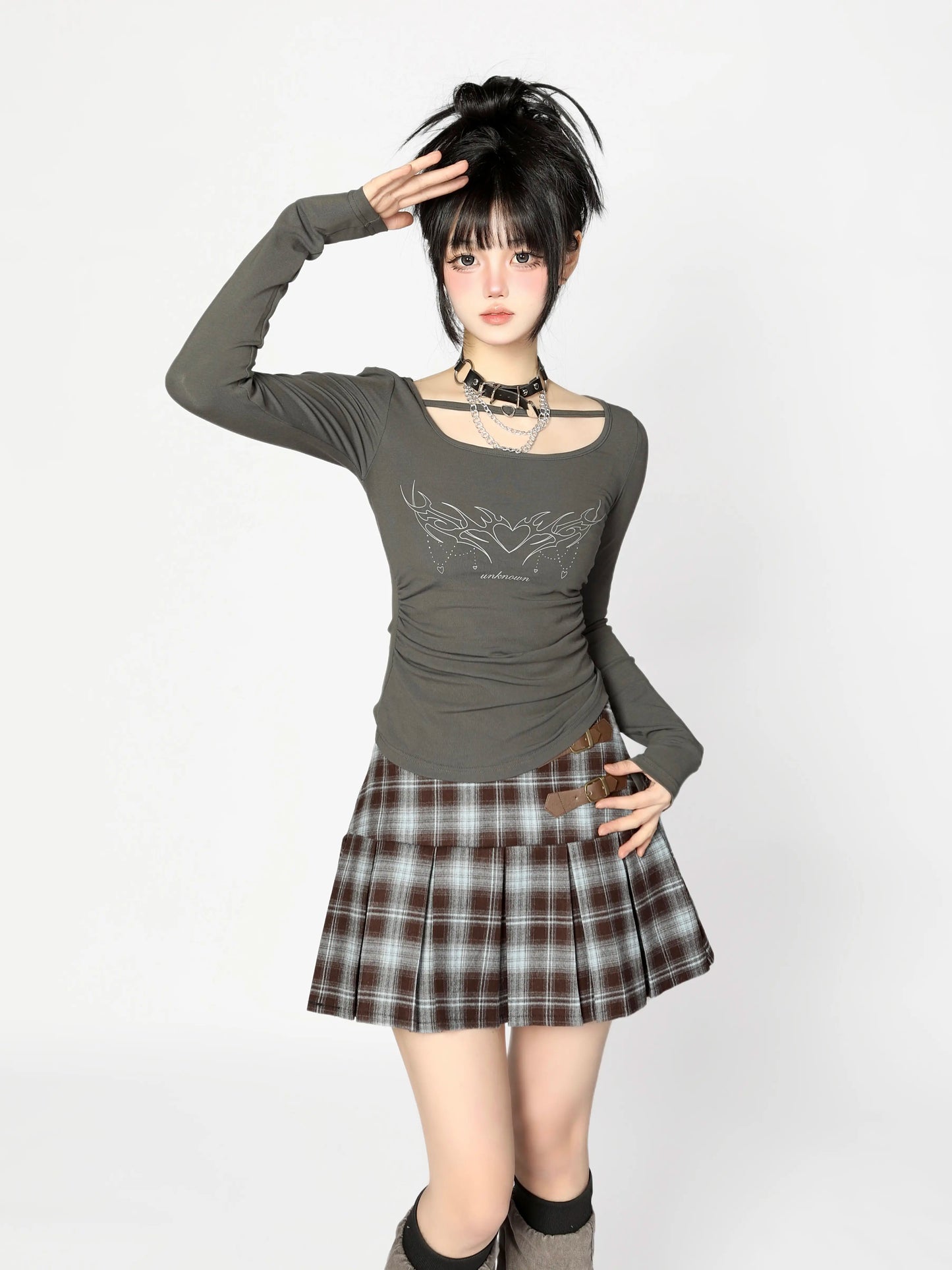 スカート パンク バックル チェック ダークレザー プリーツ