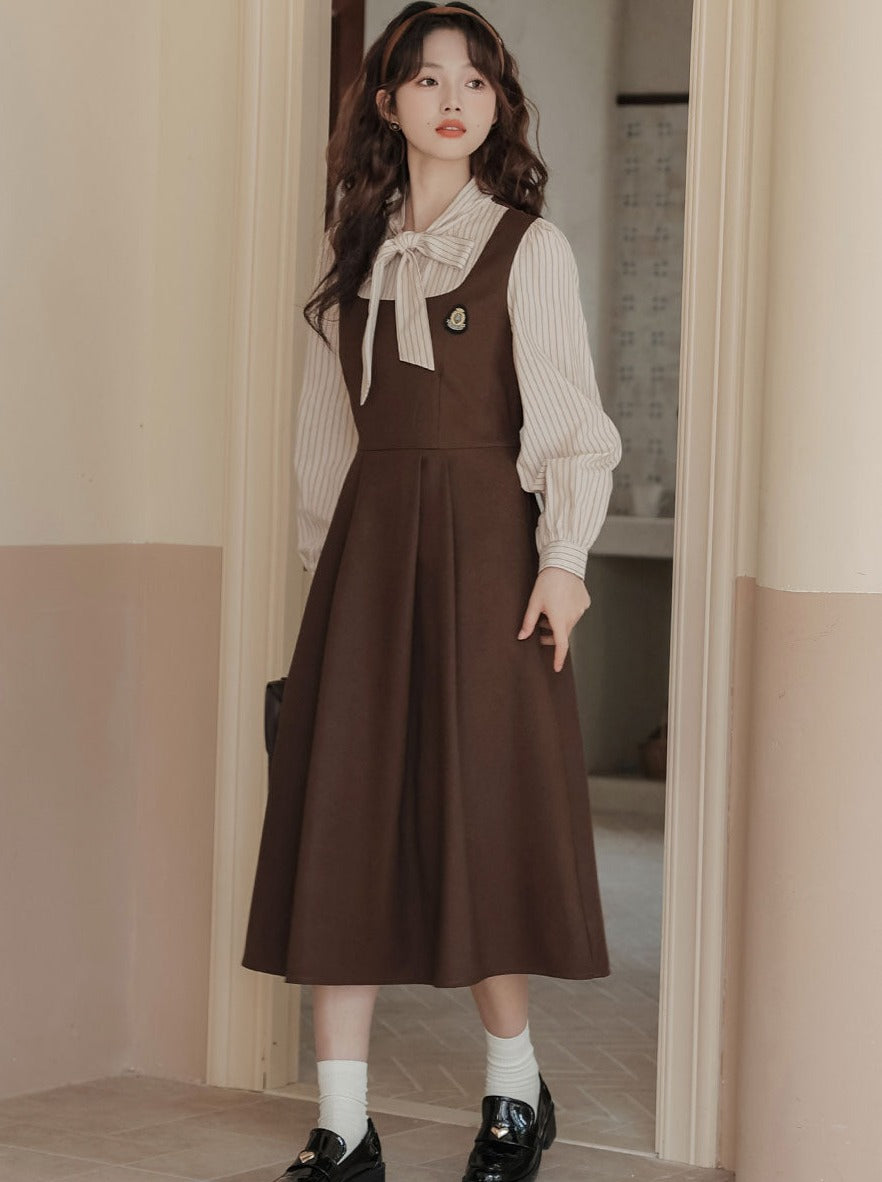 Striped Style Dress Splicing Faux College