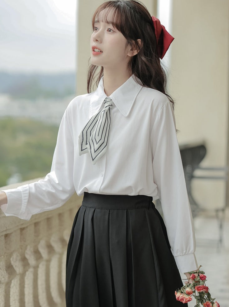 Scarf + Lapel Long Shirt Skirt Pleated